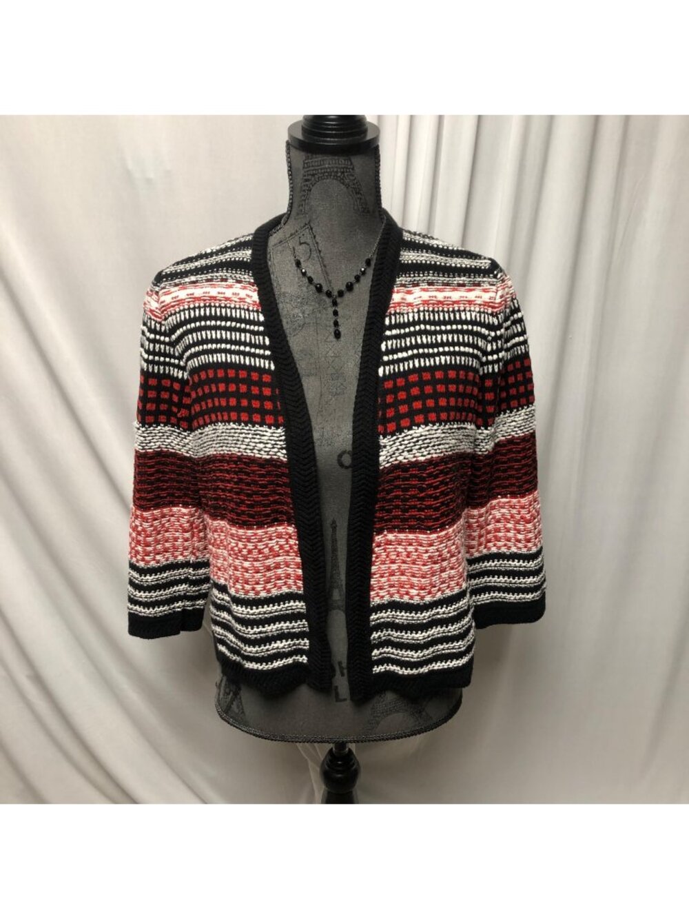 Chicos Cardigan Womens Size Medium 8 Red White Black Striped Open Front Sweater